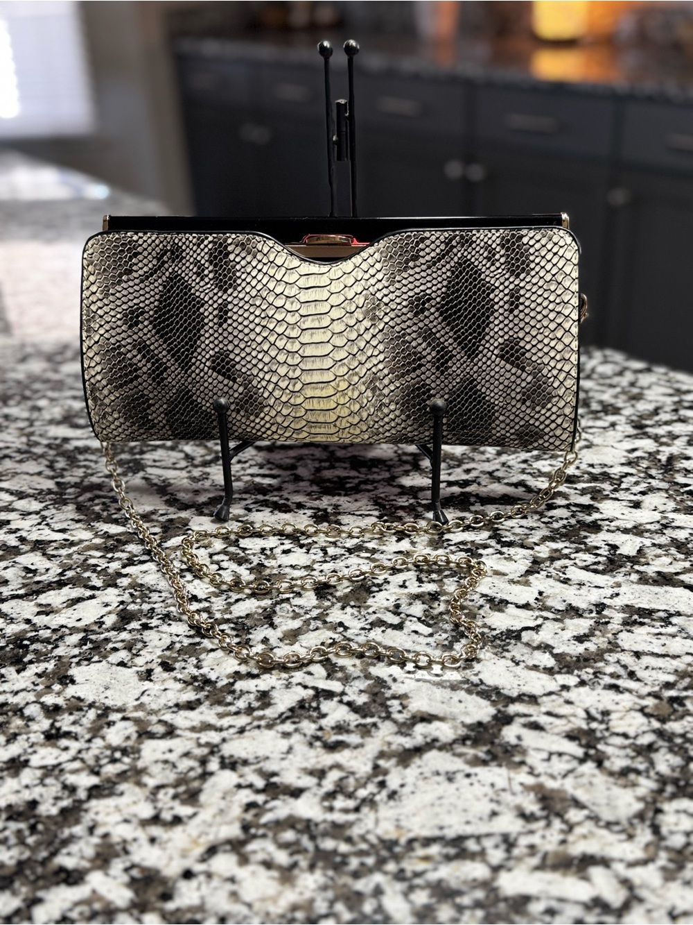 Snake-Print Evening Clutch with Gold Chain
